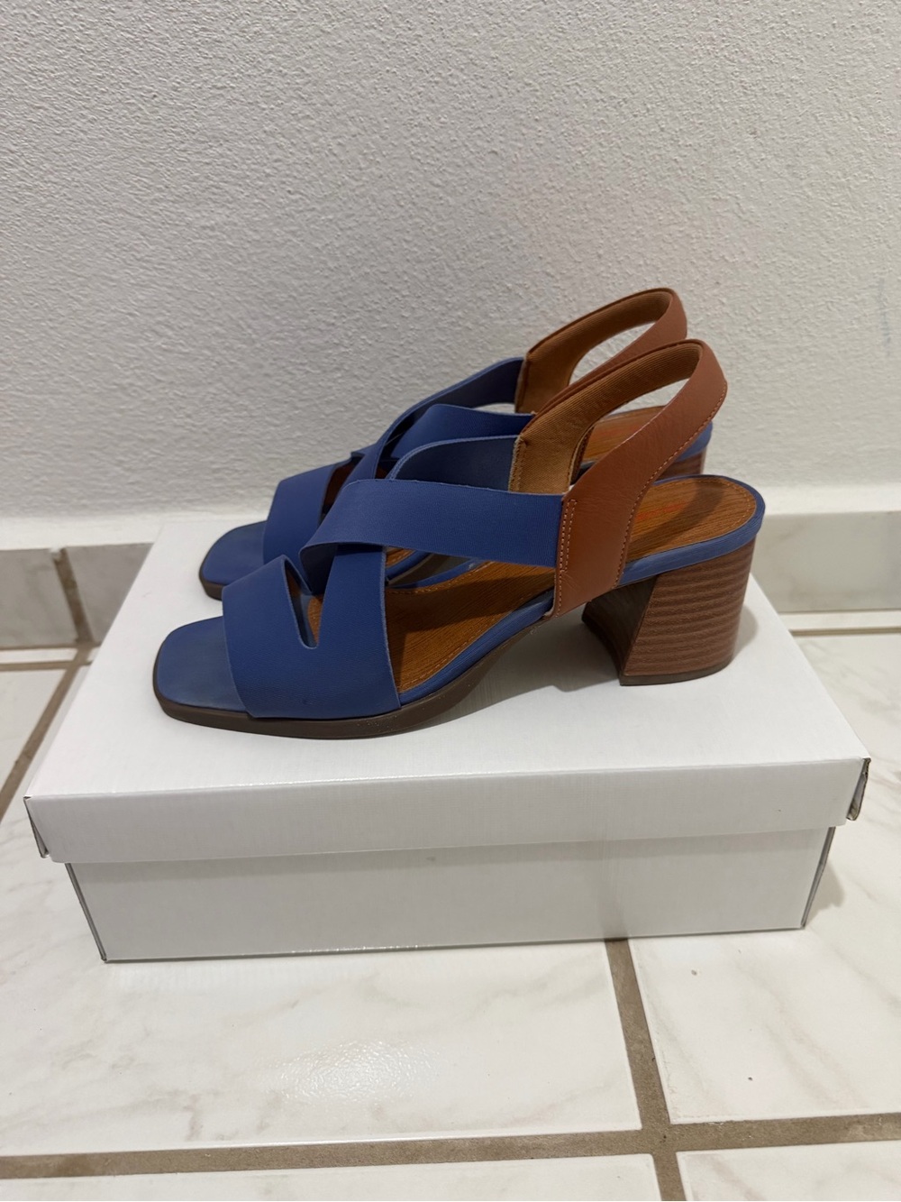 Blue and Brown Women's Block Heel Sandals